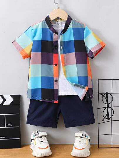 SHEIN 男小童雙色格紋閒暇酷常規袖襯衫和短褲套裝適合夏天
