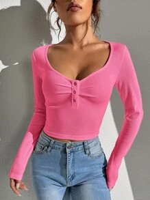 SHEIN EZwear Half Button Ribbed Knit Tee - Pink - View 1