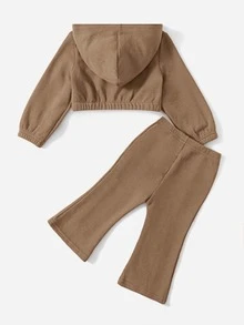 SHEIN Baby 1pc Waffle Knit Hooded Jacket & 1pc Slit Hem Flare Leg Trousers - Camel - View 2
