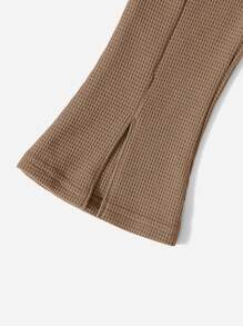 SHEIN Baby 1pc Waffle Knit Hooded Jacket & 1pc Slit Hem Flare Leg Trousers - Camel - View 3