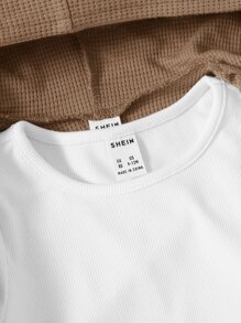 SHEIN Baby 1pc Waffle Knit Hooded Jacket & 1pc Slit Hem Flare Leg Trousers - Camel - View 4