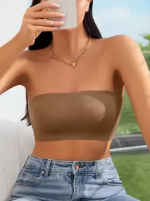 SHEIN Women's Camel Plain Strapless Backless Tube Top Bra Casual Comfy Medium Stretch Fabric - Camel - View 5