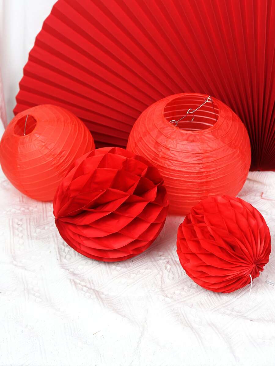 4pcs Honeycomb Ball & Paper Lantern Set - Red - View 1