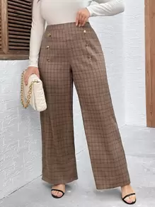 SHEIN Franclia Plus Plaid Wide Leg Trousers - Coffee Brown - View 1