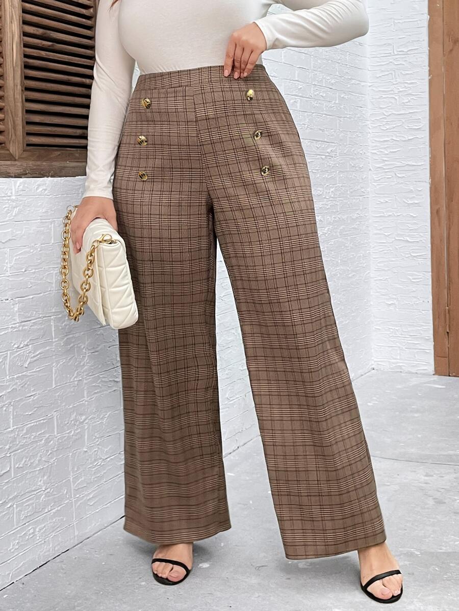 SHEIN Franclia Plus Plaid Wide Leg Trousers - Coffee Brown - View 1
