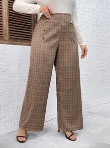 SHEIN Franclia Plus Plaid Wide Leg Trousers - Coffee Brown - View 3