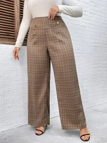 SHEIN Franclia Plus Plaid Wide Leg Trousers - Coffee Brown - View 4