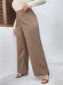 SHEIN Franclia Plus Plaid Wide Leg Trousers - Coffee Brown - View 5