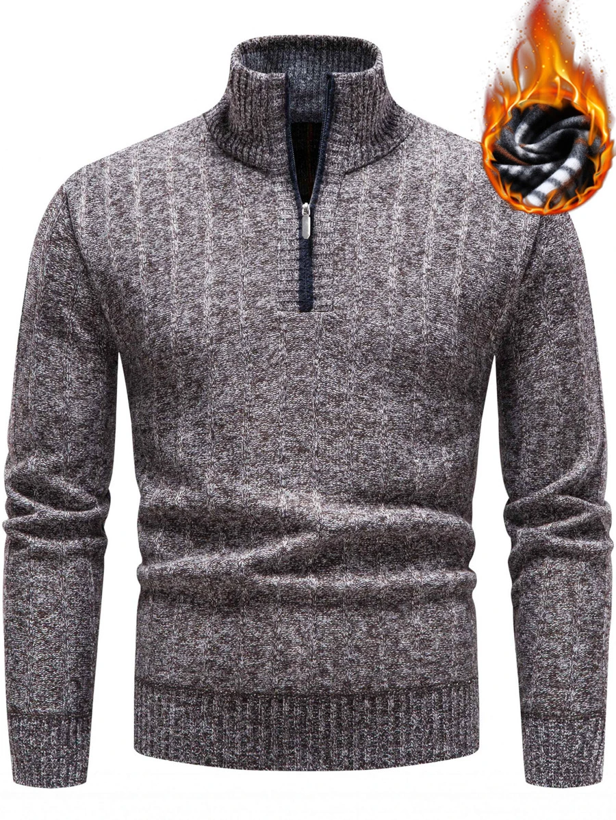 Manfinity Homme Áo len nam Dây kéo màu trơn Giải trí - Màu nâu  Mocha - Xem 1