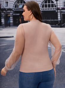 SHEIN Clasi Plus Keyhole Neckline Sheer Mesh Lantern Sleeve Top - Dusty Pink - View 2