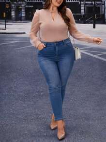 SHEIN Clasi Plus Keyhole Neckline Sheer Mesh Lantern Sleeve Top - Dusty Pink - View 3