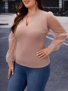 SHEIN Clasi Plus Keyhole Neckline Sheer Mesh Lantern Sleeve Top - Dusty Pink - View 4