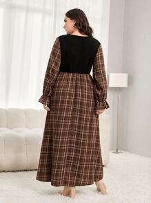 Mulvari 大碼格紋印花荷葉袖洋裝 - 彩色 - 查看 2