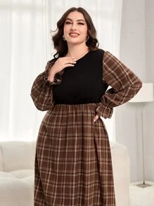 Mulvari 大碼格紋印花荷葉袖洋裝 - 彩色 - 查看 3