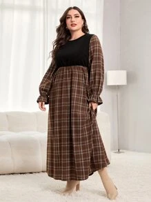 Mulvari 大碼格紋印花荷葉袖洋裝 - 彩色 - 查看 4