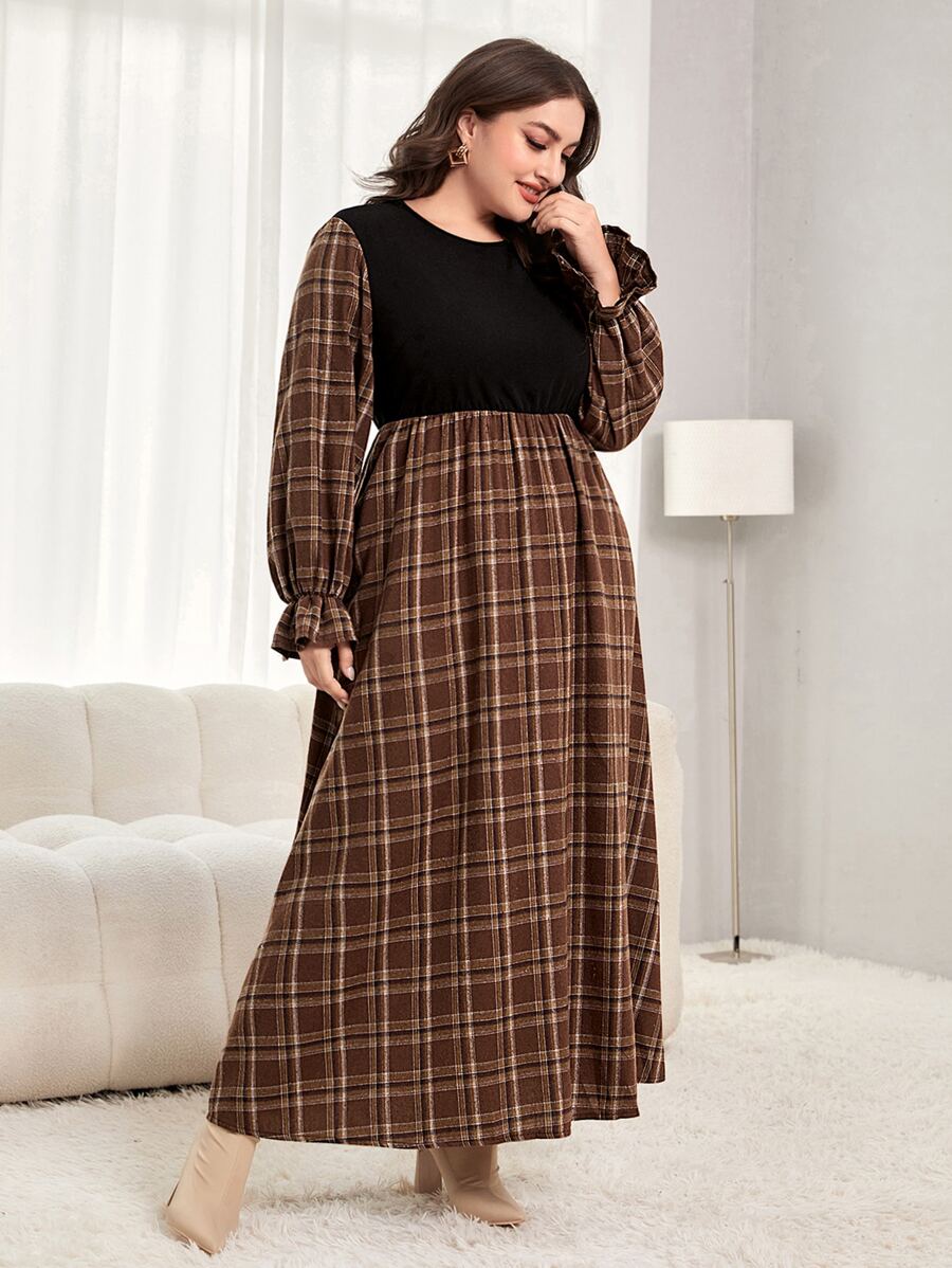 Mulvari 大碼格紋印花荷葉袖洋裝 - 彩色 - 查看 1