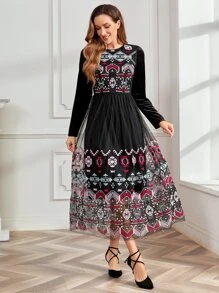 Floral Embroidery Mesh Overlay Dress - Multicolor - View 1