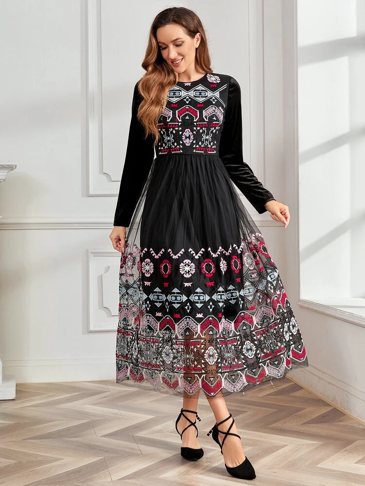 embroidered mesh overlay dress Floral Embroidery Mesh Overlay Dress