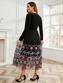 Floral Embroidery Mesh Overlay Dress - Multicolor - View 2