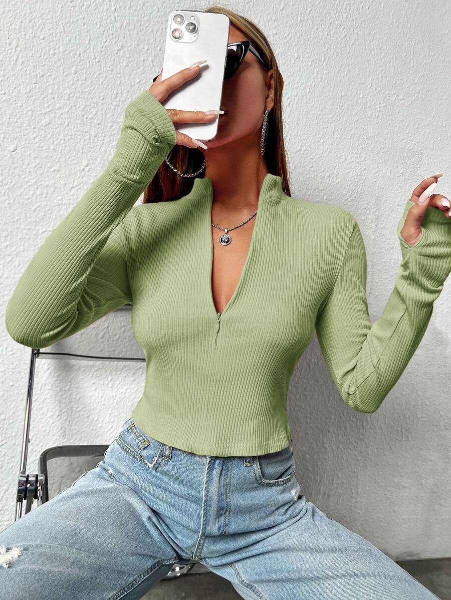SHEIN EZwear Zip Front Thumb Hole Crop Tee - Lime Green - View 1