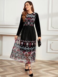 Floral Embroidery Mesh Overlay Dress - Multicolor - View 3