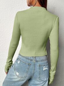 SHEIN EZwear Zip Front Thumb Hole Crop Tee - Lime Green - View 2