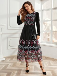 Floral Embroidery Mesh Overlay Dress - Multicolor - View 4