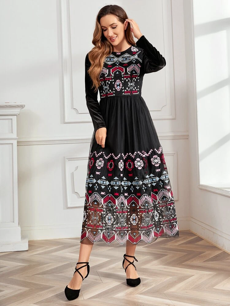 shein embroidered mesh dress Pink Plants Embroidered Mesh Dress SHEIN