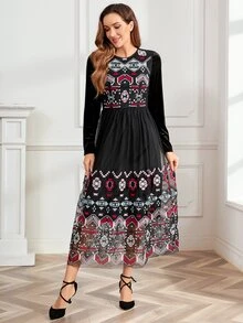 Floral Embroidery Mesh Overlay Dress - Multicolor - View 7