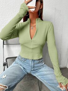 SHEIN EZwear Zip Front Thumb Hole Crop Tee - Lime Green - View 4