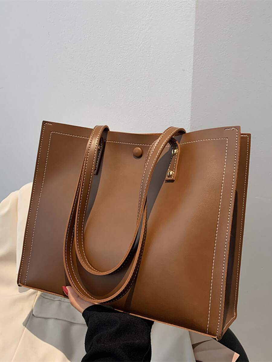 Stitch Detail Shoulder Tote Bag - Brown - View 1