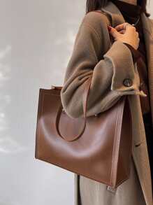 Stitch Detail Shoulder Tote Bag - Brown - View 3