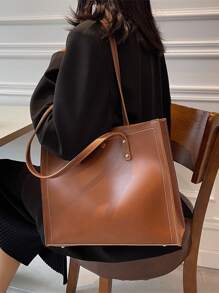 Stitch Detail Shoulder Tote Bag - Brown - View 4