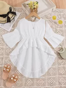 SHEIN Girls Flounce Sleeve High Low Hem Blouse - White - View 1