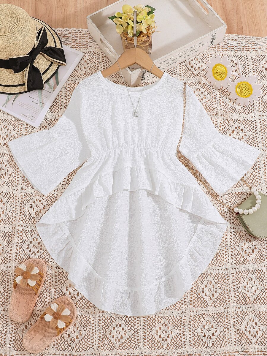 SHEIN Girls Flounce Sleeve High Low Hem Blouse - White - View 1