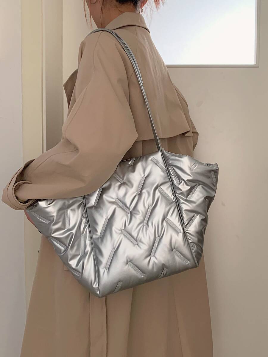 Metallic Geometric Embossed Shoulder Tote Bag - Silver - View 1