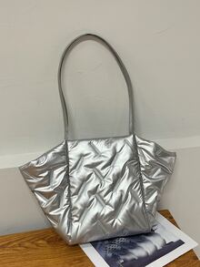 Metallic Geometric Embossed Shoulder Tote Bag - Silver - View 2