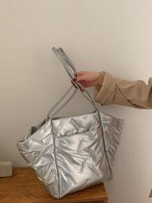 Metallic Geometric Embossed Shoulder Tote Bag - Silver - View 4