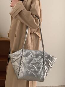 Metallic Geometric Embossed Shoulder Tote Bag - Silver - View 5