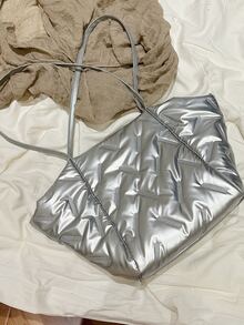 Metallic Geometric Embossed Shoulder Tote Bag - Silver - View 8