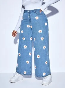 SHEIN Essnce Jeans de talle alto con estampado floral de pierna ancha - Azul lavado medio - Ver 1