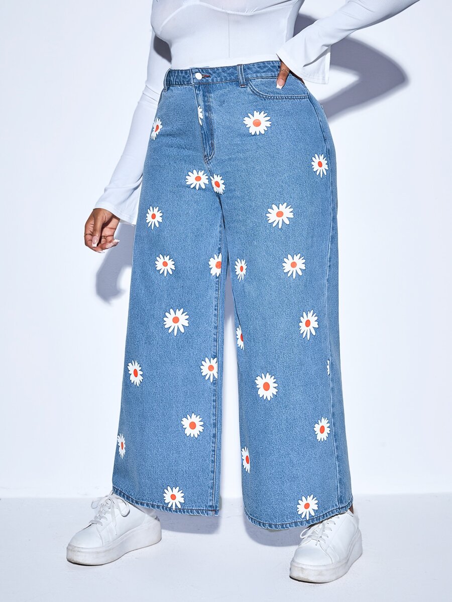 SHEIN Essnce Jeans de talle alto con estampado floral de pierna ancha - Azul lavado medio - Ver 1