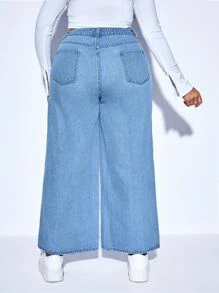 SHEIN Essnce Jeans de talle alto con estampado floral de pierna ancha - Azul lavado medio - Ver 2