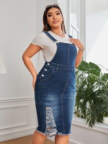 大碼破洞毛邊牛仔背帶裙不帶T恤 - 中等水洗藍 - 查看 3