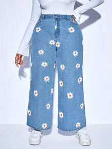SHEIN Essnce Jeans de talle alto con estampado floral de pierna ancha - Azul lavado medio - Ver 3