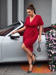 SHEIN Clasi Plus Butterfly Sleeve Wrap Hem Dress - Red - View 3