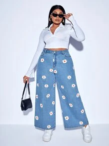 SHEIN Essnce Jeans de talle alto con estampado floral de pierna ancha - Azul lavado medio - Ver 5