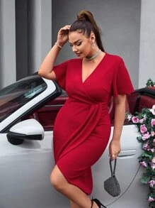 SHEIN Clasi Plus Butterfly Sleeve Wrap Hem Dress - Red - View 4