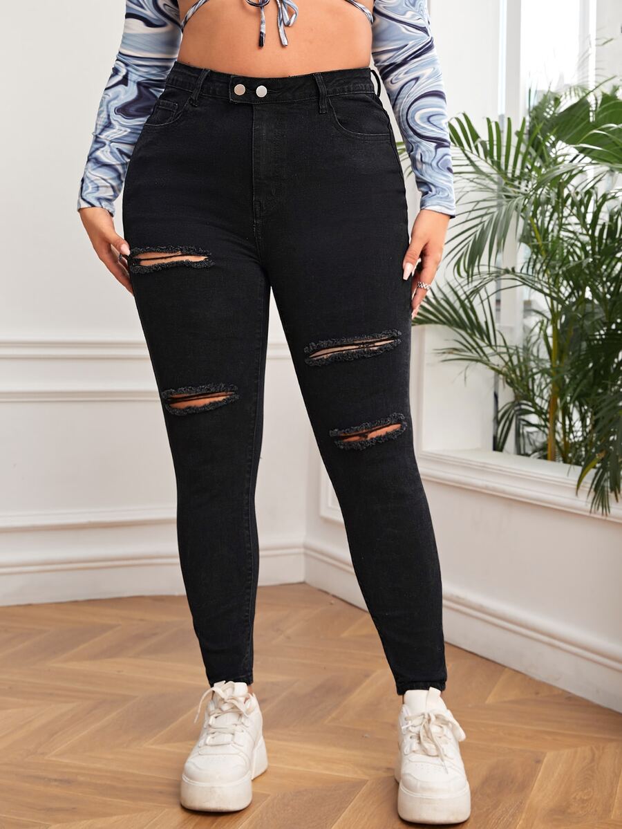 Plus High Waist Ripped Skinny Jeans - Black - View 1