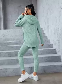 SHEIN PETITE Space Dye Drop Shoulder Split Hem Drawstring Hoodie & Leggings - Mint Green - View 2
